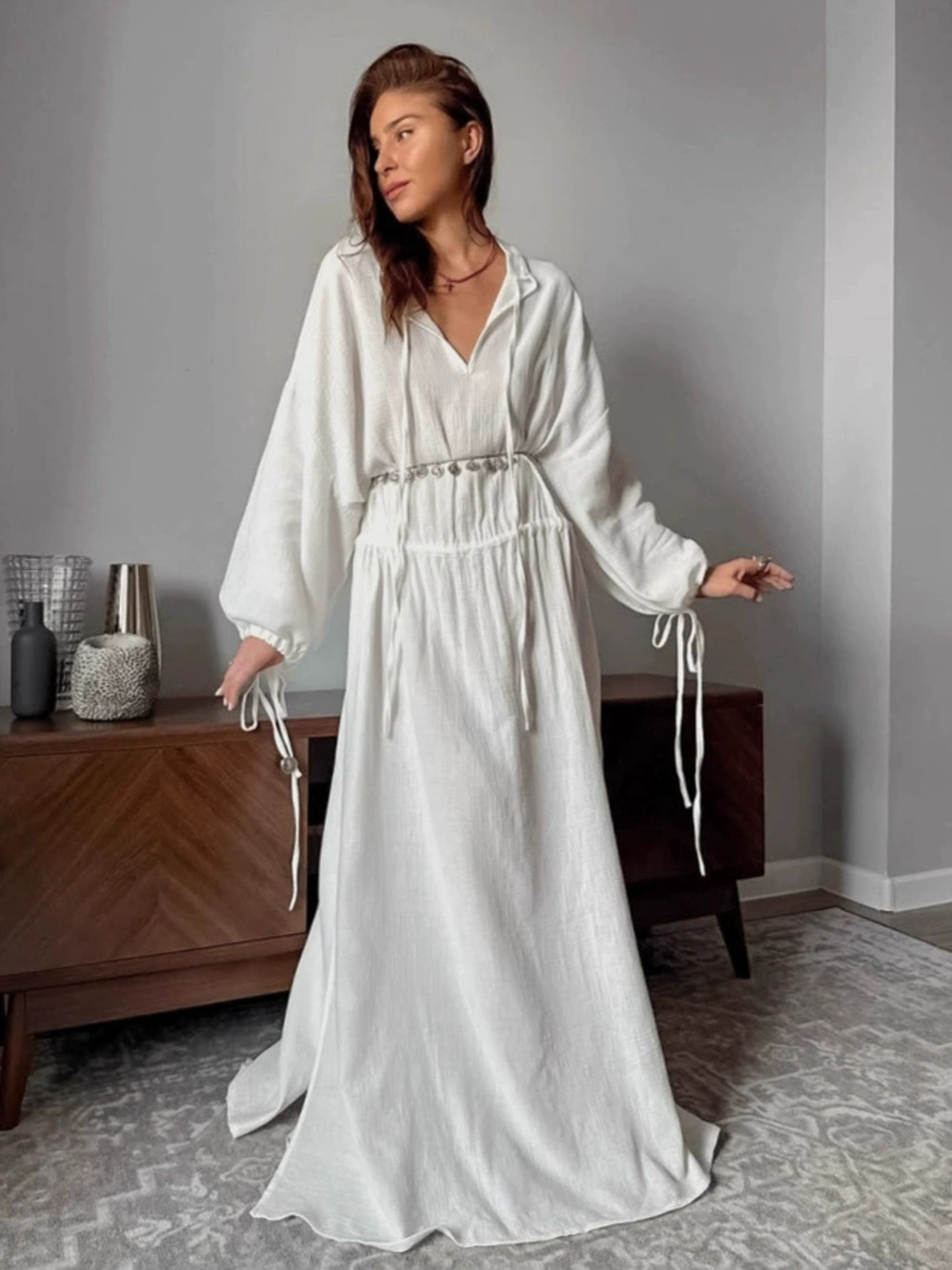 Forever 21 Loose Fit Long Sleeve Slit Dress Tie Design Autumn Maxi